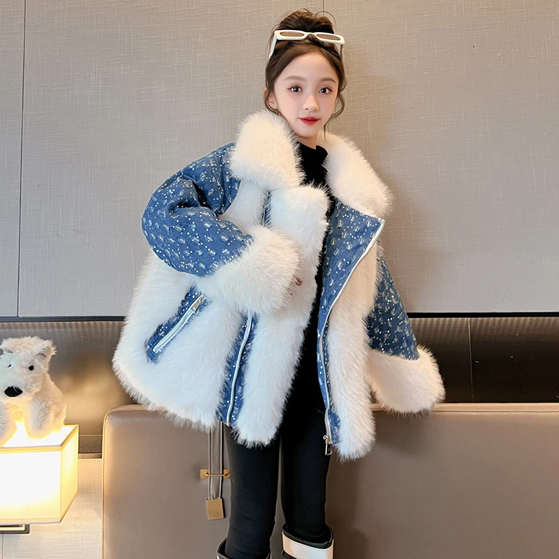 

Зимнее детское ковбойское блестящее пальто из искусственного меха с имитацией кроличьей шерсти, хлопковое пальто для девочек, теплая куртка для мальчиков