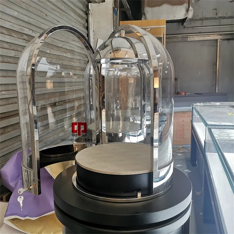 Lemari Pajang Perhiasan Kaca Mewah Model Baru, Bentuk Bulat, dengan Lampu LED