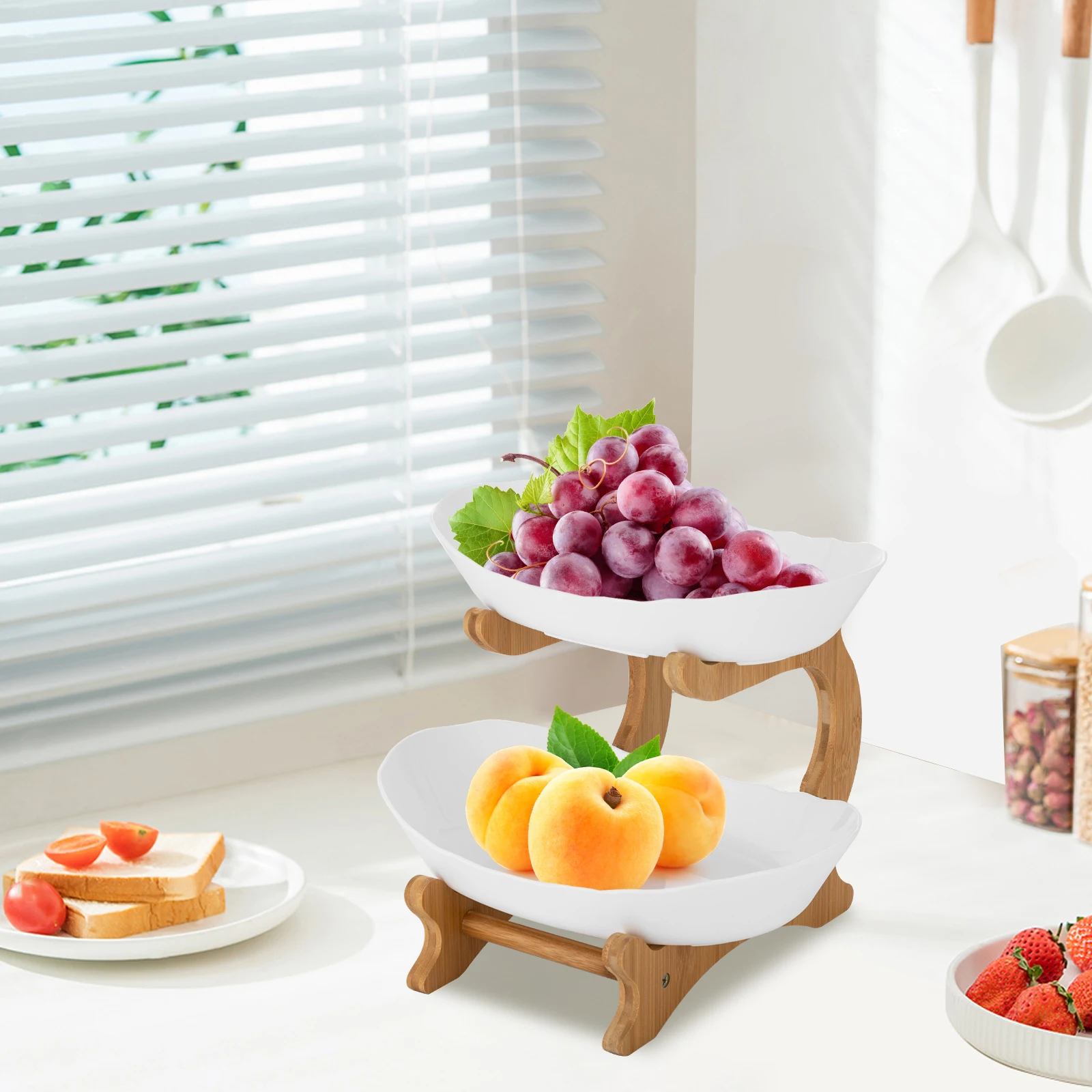 

2-Tier Fruit Bowl, Bamboo Fruit Basket Stand Food-Grade PP Fruit Serving Tray Snacks Bread Display Rack for Kitchen Dining Table