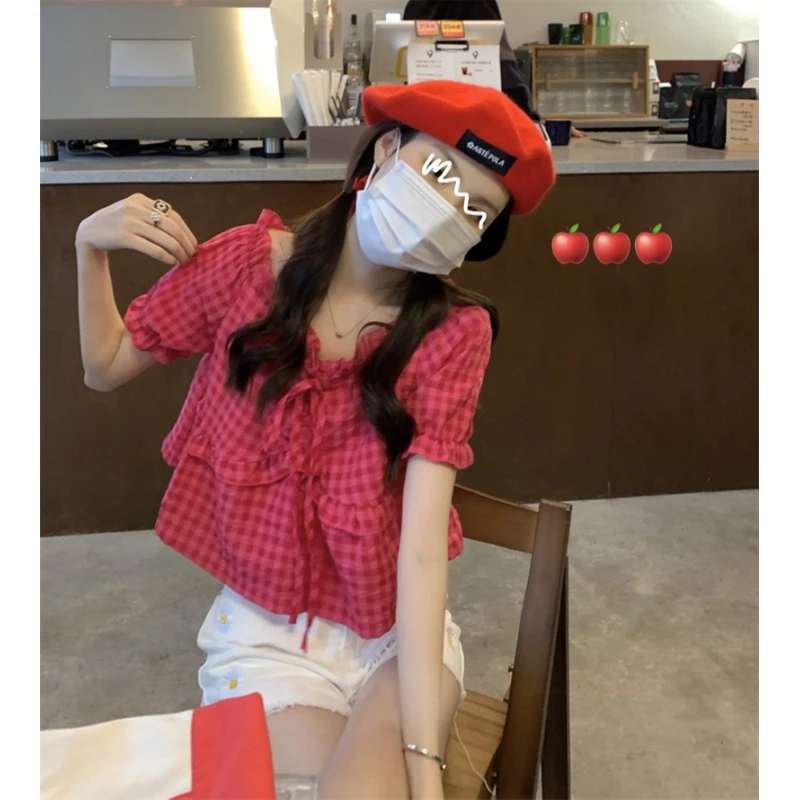 Dragon Fruit Pattern Bubble Sleeve Short Sleeve Shirt Women's Summer Design Unique Checkered Sweet Top Korean Style Loose Fit