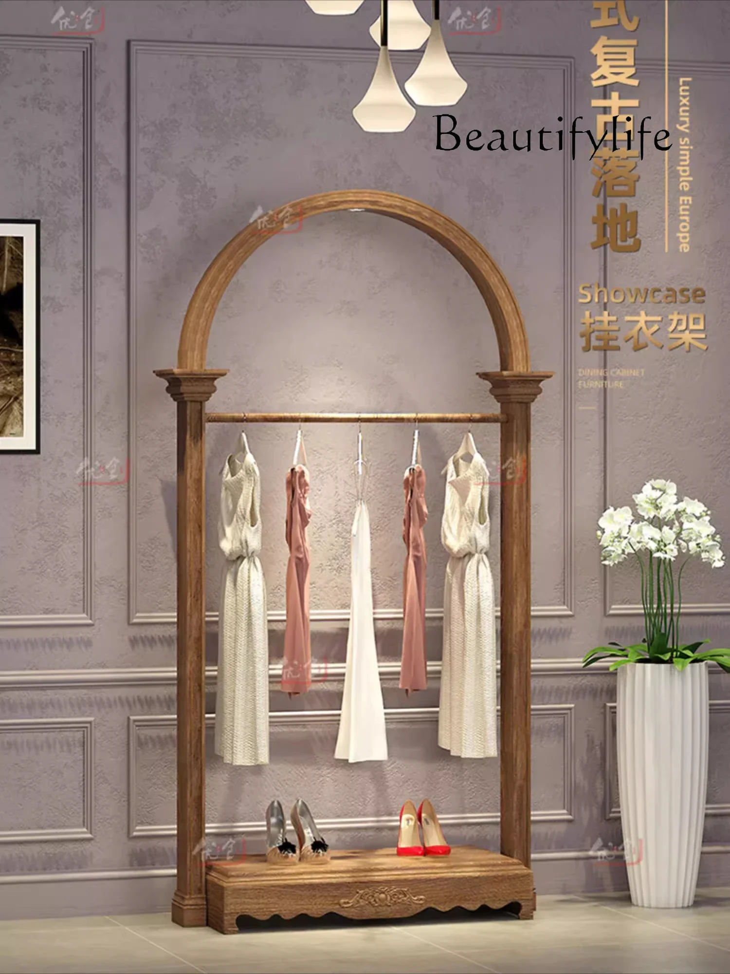 M Medieval Clothing Store Showcase Wooden Display Rack European Retro Floor-to-ceiling Clothing Display Rack Nakajima Shelf Cust