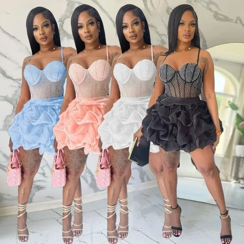 

Mesh Hot Diamonds Sheer Ruffles Birthday Dress Women Sexy V Neck Backless Sleeveless High Waist Christmas Party Mini Dresses