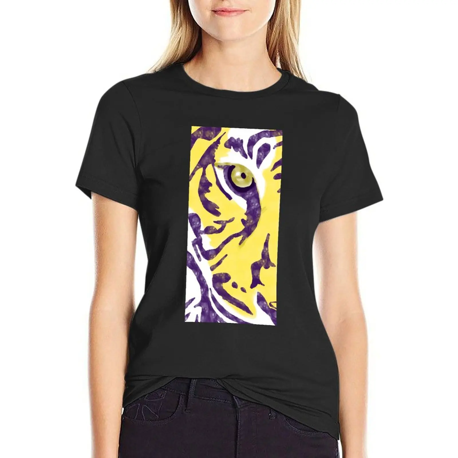 Camiseta de tigre de acuarela púrpura y dorada para mujer, camisetas gráficas divertidas, Camisetas estampadas de animales