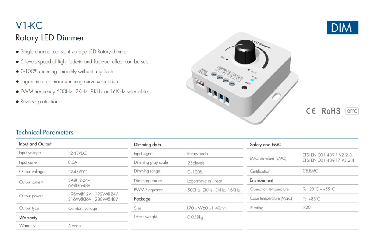 V1-KC 1CH*8A DC12V-48V Rotary LED Dimmer Controller PWM Frequency 500Hz, 2KHz, 8KHz 16KHz Selectable For Single Color LED Strip