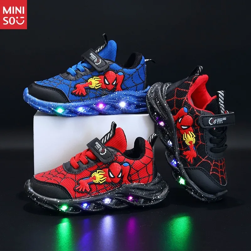 

Miniso Boys Summer Light Up Sneakers, Spider-Man Breathable Mesh LED Sports Shoes for Kids