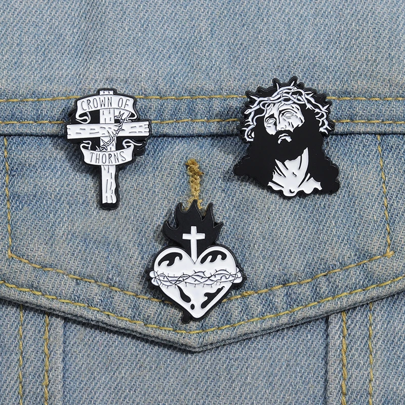 Jesus Cross Enamel Pins Christian Brooch Crown of Thorns Jesus Lapel Badge Backpack Clothes Jewelry Accessories Punk Gothic Pin