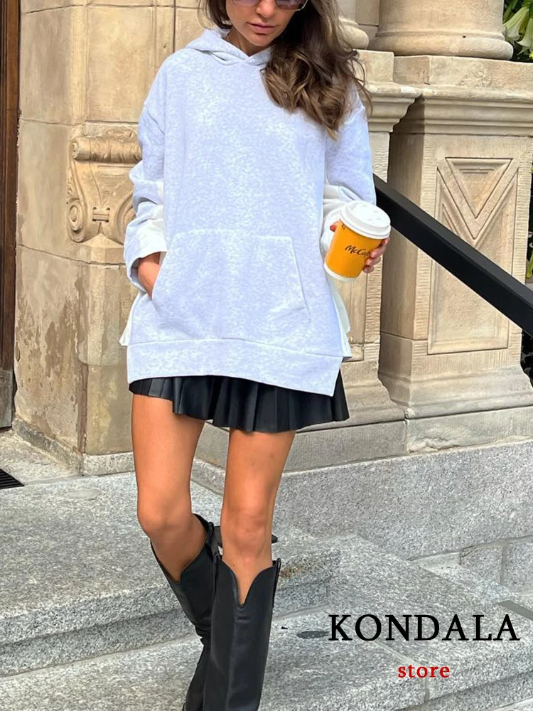 KONDALA Casual Gray Patchwork Oversized Sweatshirts Women Long Sleeve Side Split Hooded Pullovers Fashion 2023 Autumn Sports Top