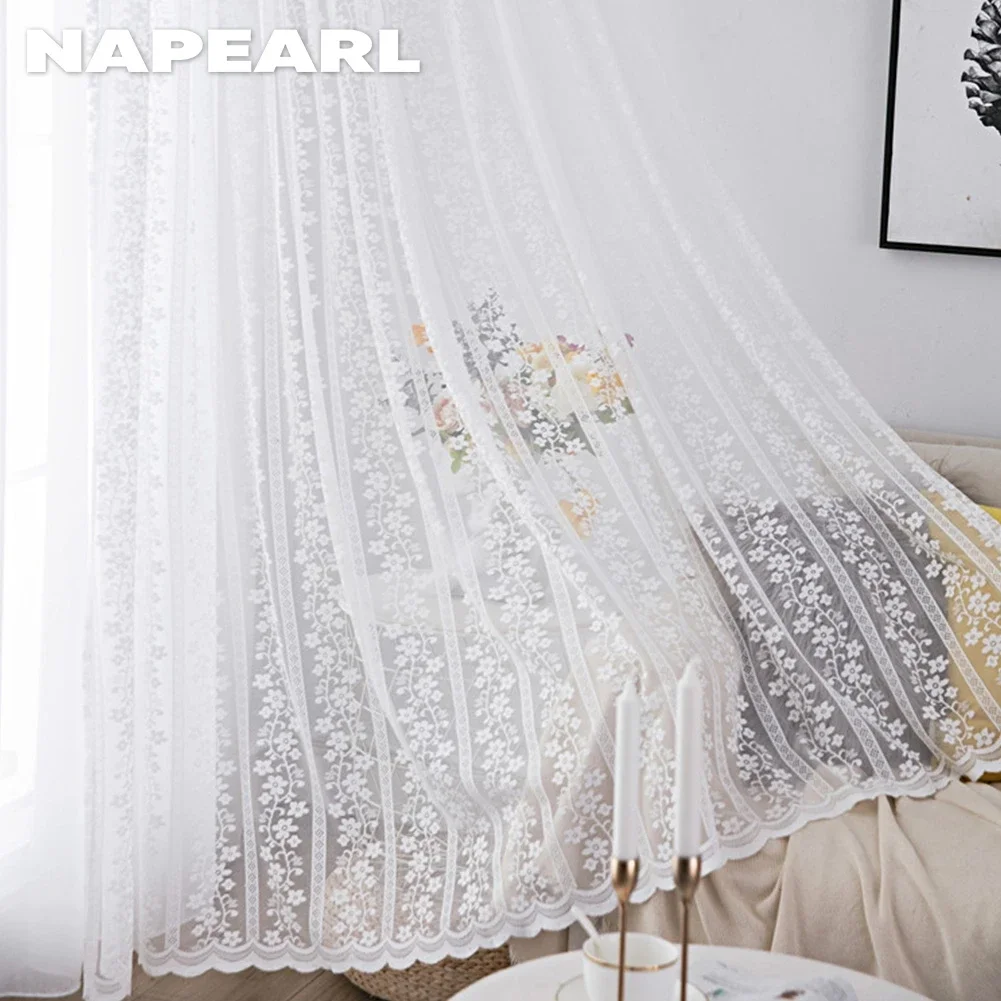 NAPEARL White Sheer Tulle Curtain Embroidered Flower Curtain Voile Transparent for Living Room Kitchen Weeding Decoration 1PC