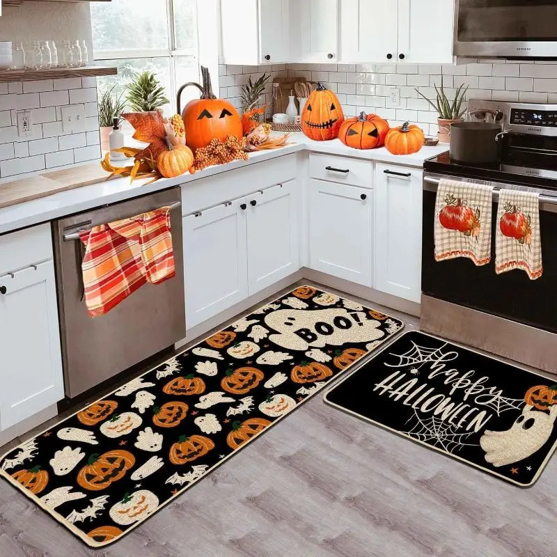 VIKAMA Halloween Kitchen Mat Set Ghost Witch Pumpkin Haunted Non Slip Runner Entryway Floor Spooky Decor Washable Durable Unique