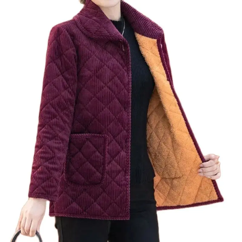 

New Cotton- Keep Warm Ladies Jacket Middle-Aged Elderly Women Winter Corduroy Mother Add Velvet Padded Cotton-Padded Clothes