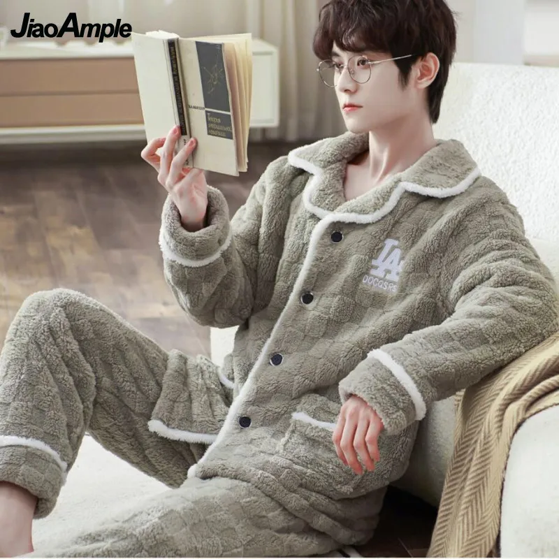 Men's Winter Warm Pajamas 2022 New Loose Thickened Flannel Pyjamas Sleepwear Two-piece Set Korean Fashion Pijamas Homewear Suit