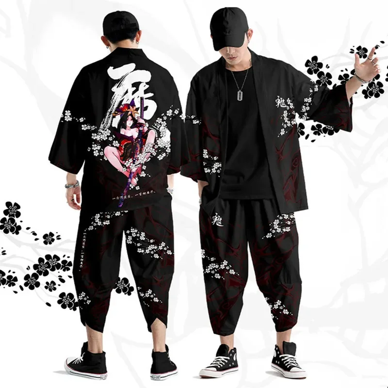 Two-piece Suit Samurai Panda Japanese Cardigan Women Men Cosplay Yukata Clothing Harajuku Samurai Kimono   Pants Sets