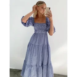 Gypsylady Plaid Print Midi Dress Elegant Khaki Women Summer Square Neck Bow Tie Party Dresses Sexy Casual Woman Sundress NEW