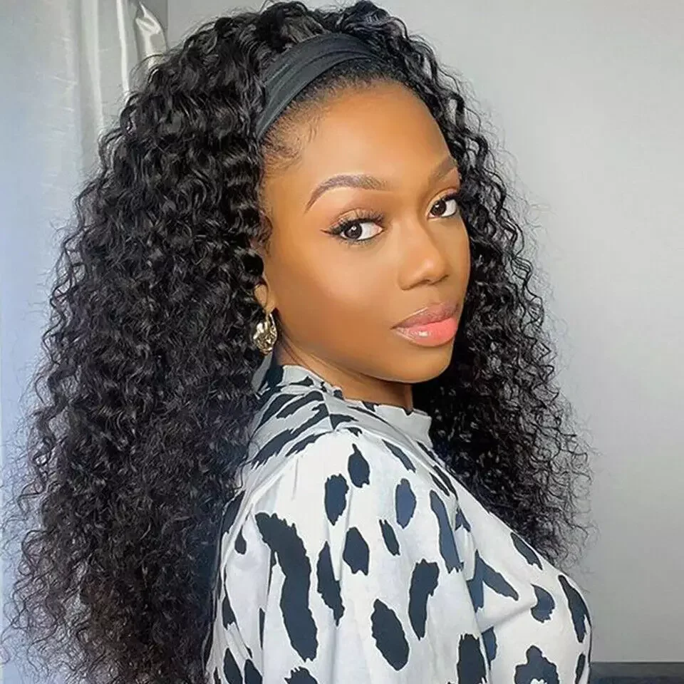 

Парик-повязка на голову Kinky Curly без клея, из натуральных волос, плотность 180%, для женщин, HairUGo