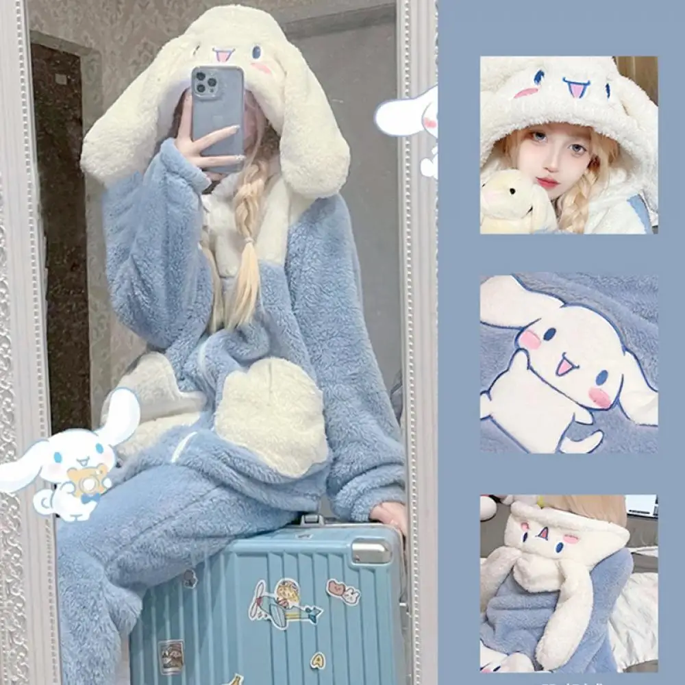 Cinnamoroll 2Pcs Women\'s Plush Pajamas Suit Kawaii Sanrioed Winter Hooded Home Clothes Cartoon Thickened Homewear Soft Girls