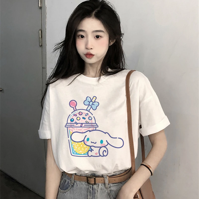 

Women Sanrio Cotton Y2K T-shirts Cinnamoroll Juice Kuromi Casual Clothes Anime Tops Kawaii Cartoons Tee Shirt Couple Streetwear