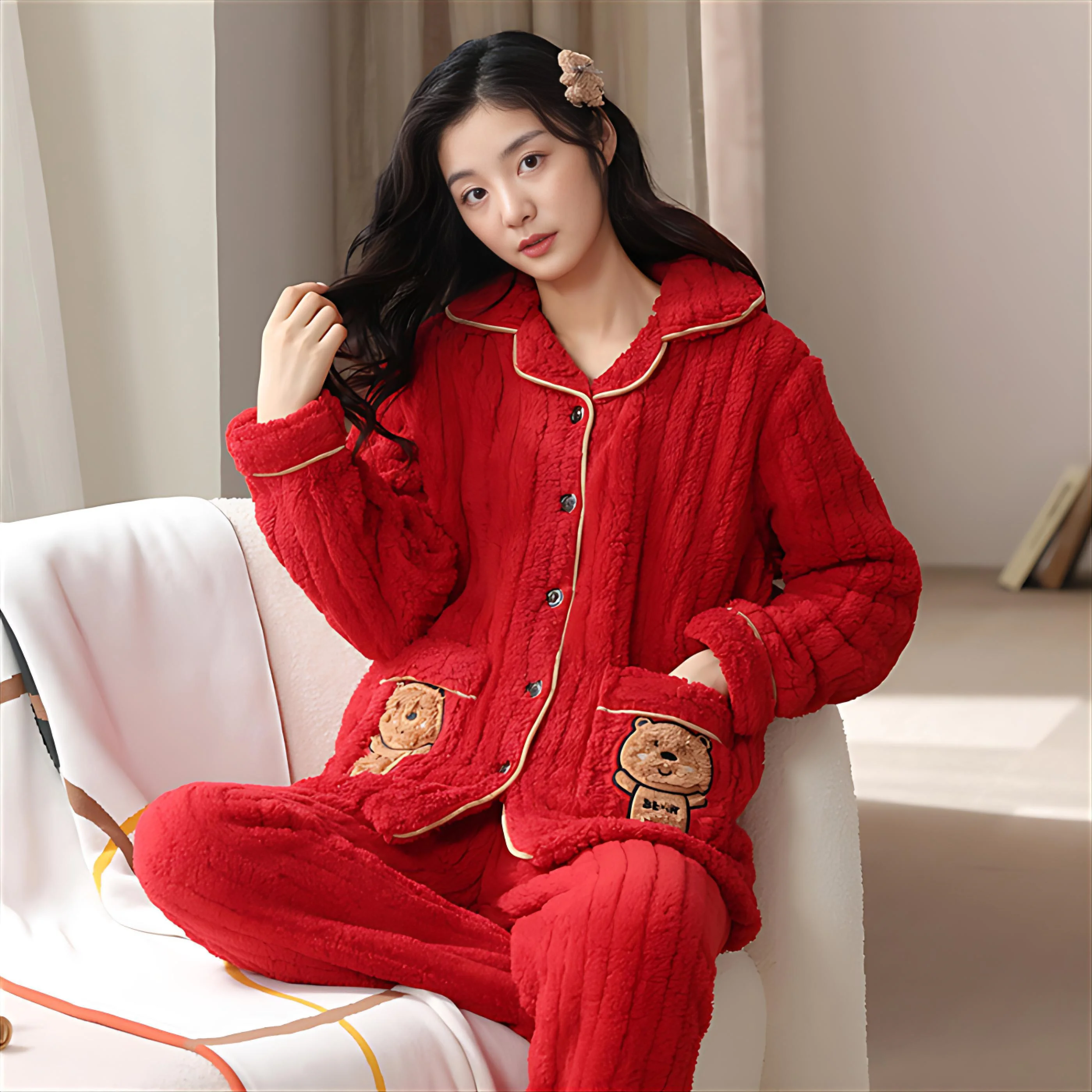 

Pajama Sets Yellow Strips Women Coral Flower Applique Cotton Short Sleeve Scoop Neck Homewear Capris Sweet Feminine Bright Unise