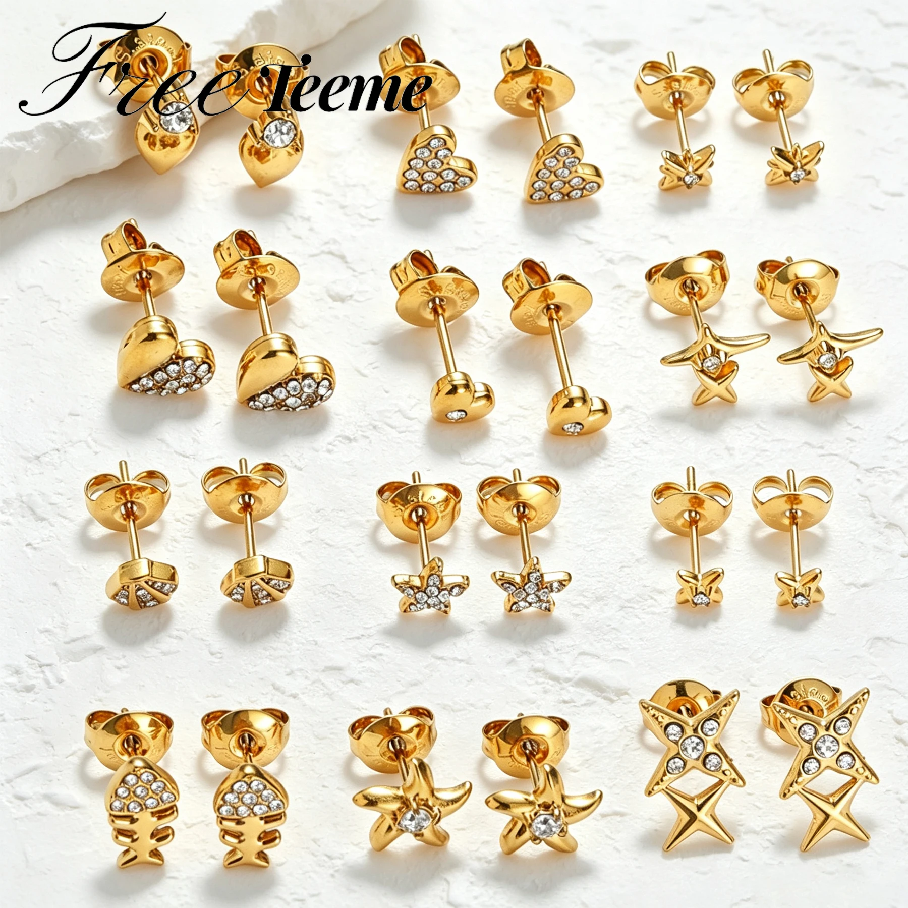 Freeteeme Sparkling Multi-Style Zircon Heart Star Stud Earrings Stainless Steel Starfish Shell Ocean Series Women Jewelry Gift