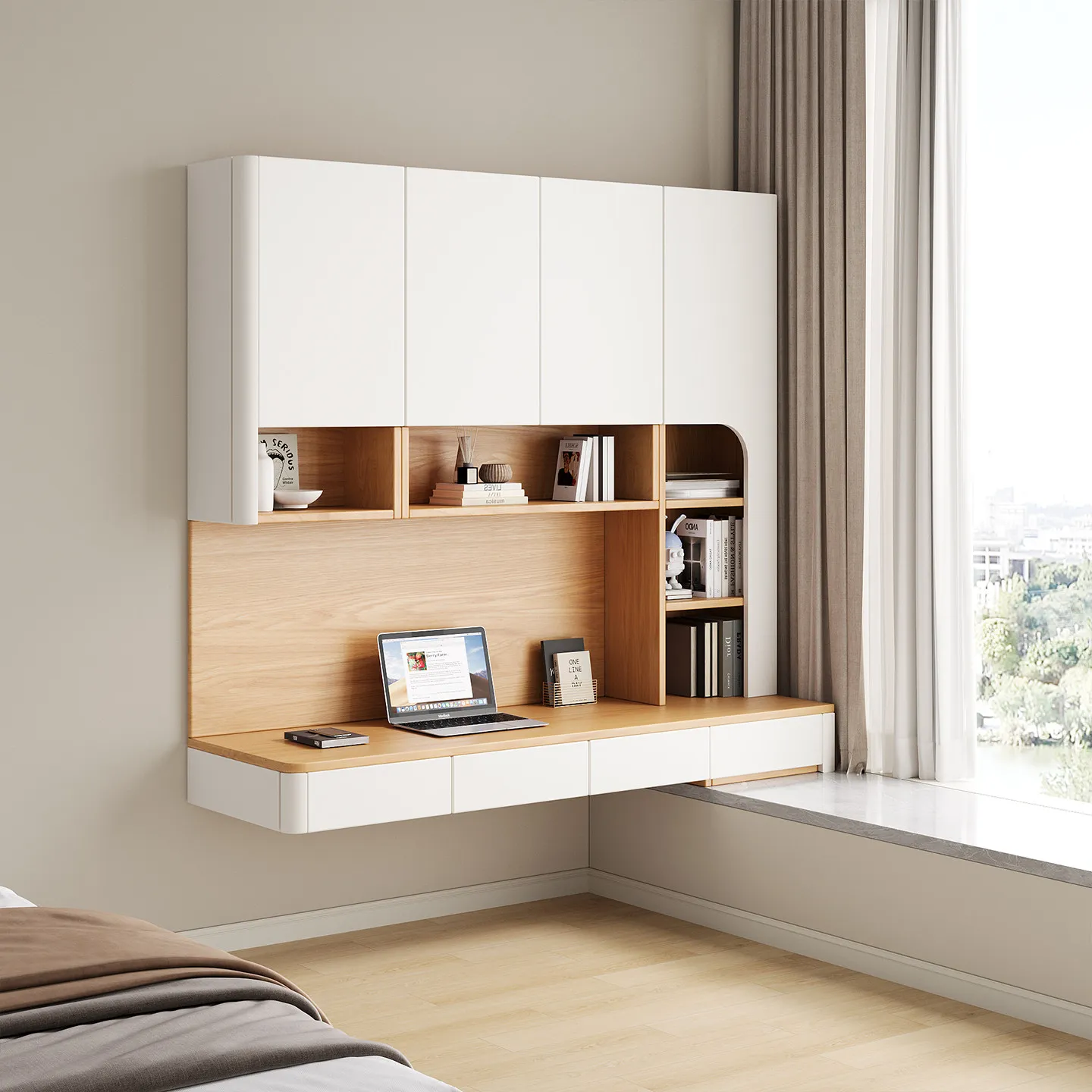 Simple wind bay window computer desk bookcase integrated bedroom dresser window sill arc drawer locker solid wood customization