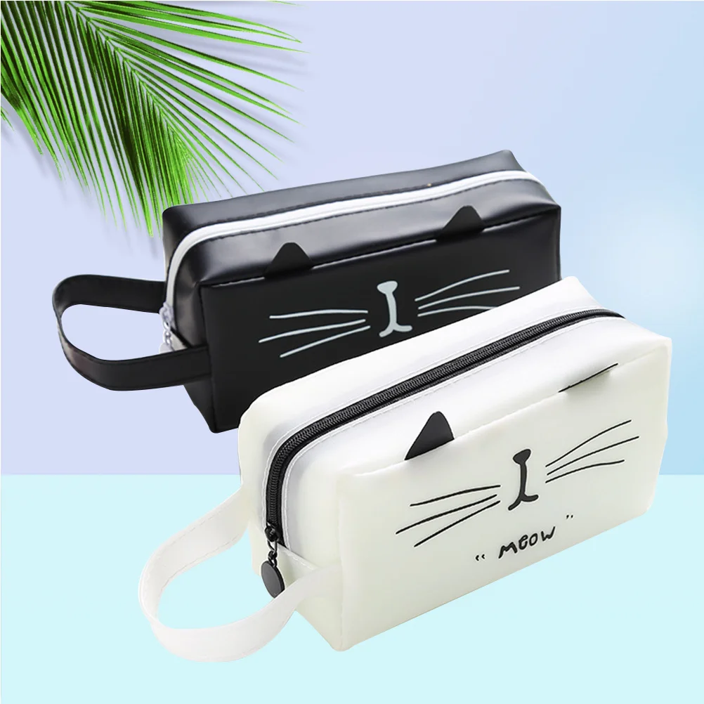 

2 pcs Cat Print Silicone Pencil Case 17X10X8Cm Cute Stationery Organizer For School Kids Travel Makeup Coin Storage Pouch Pens