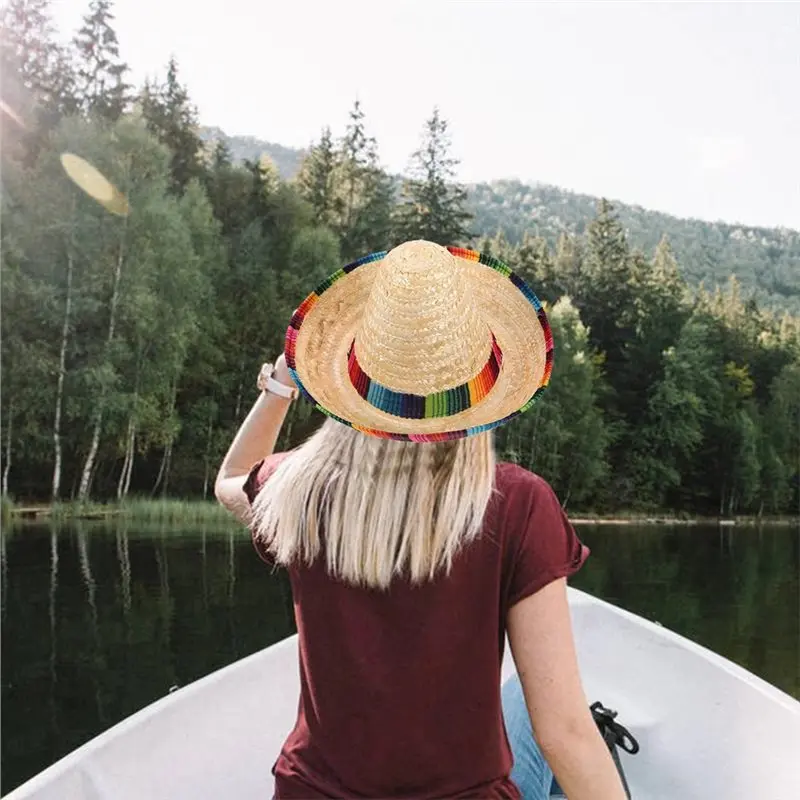 Hot kf-Straw Sombrero For Fiesta Party Mexican Costume Hat For Kids Adults Couple Parent-Child Carnival Dress Up Trimmer