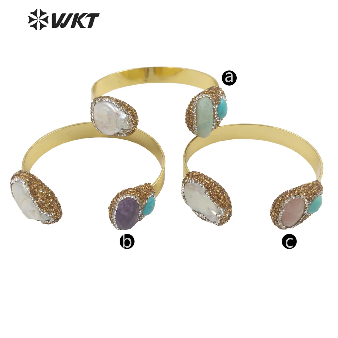 WT-MPB088 WKT Amazing Gorgeous Double Stone Bangle 18k Gold Plated Natural Sunstone Amazonite Pearl In Adjustable