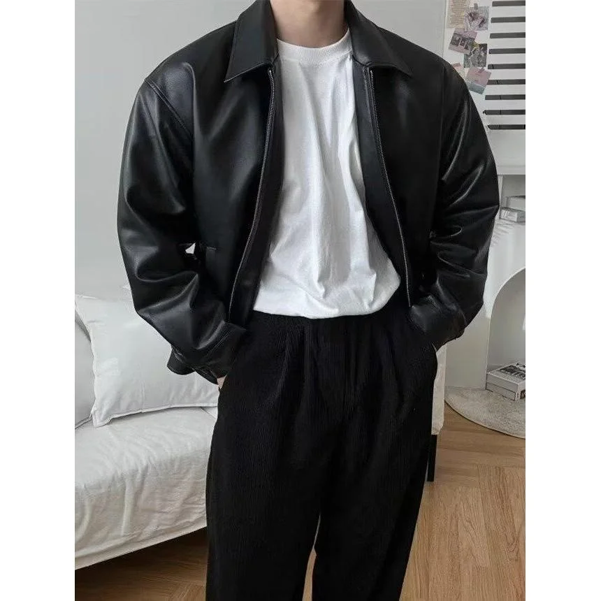 

Модная молодежная кожаная куртка для мужчин, весенне-осенняя, свободного кроя, из искусственной кожи, в уличном стиле