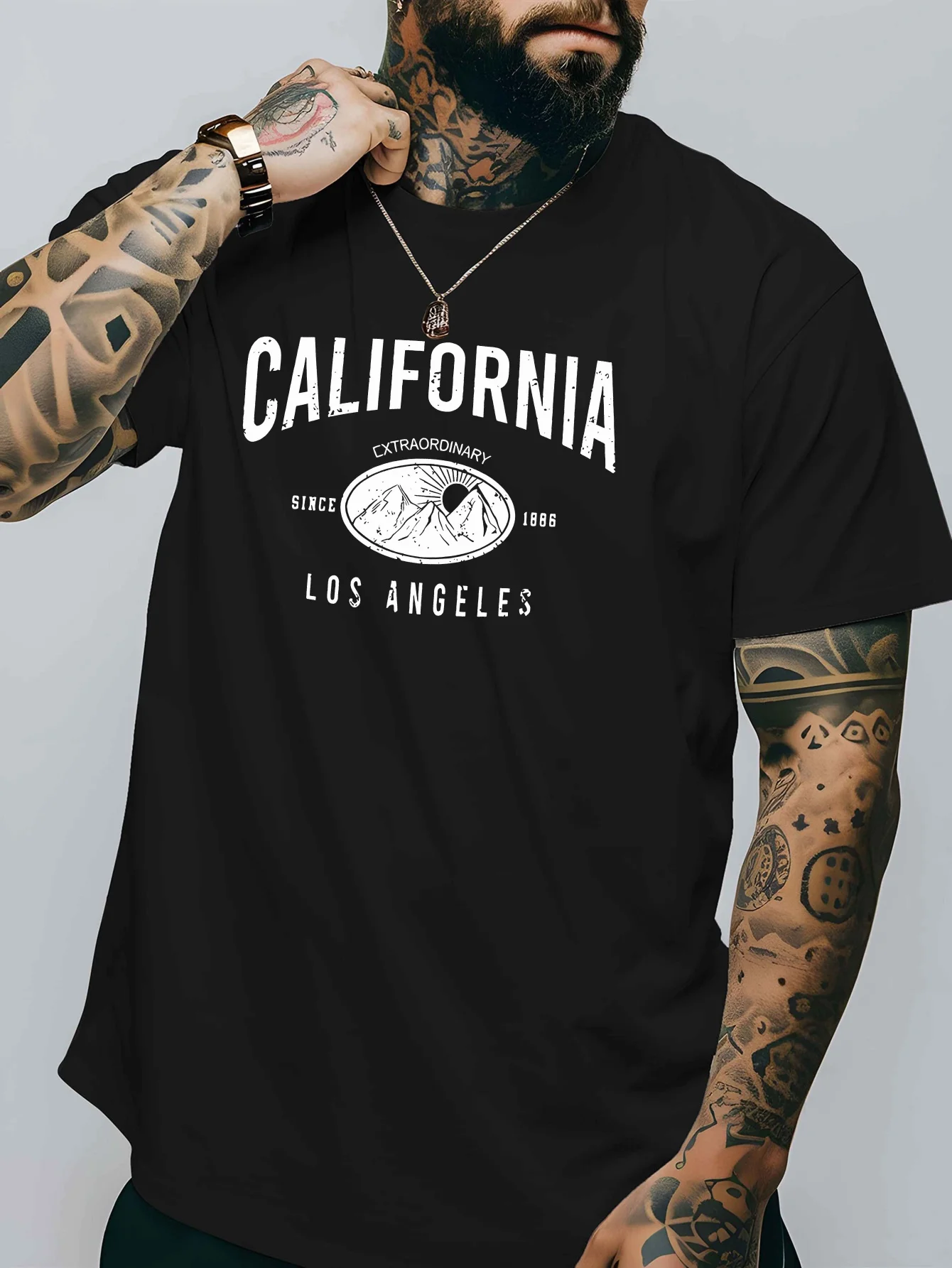 Vintage City Mens Crew Neck Cotton T Shirt California Los Angeles Mountain Retro Print Short Sleeve Casual Street Fashion Top