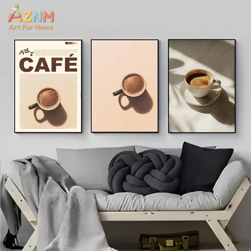 AZNM Neutral Beige Coffee Cup Canvas Print Latte Americano Macchiato Flat White Cafe Typography Unframed Canvas Wall Art Kitchen