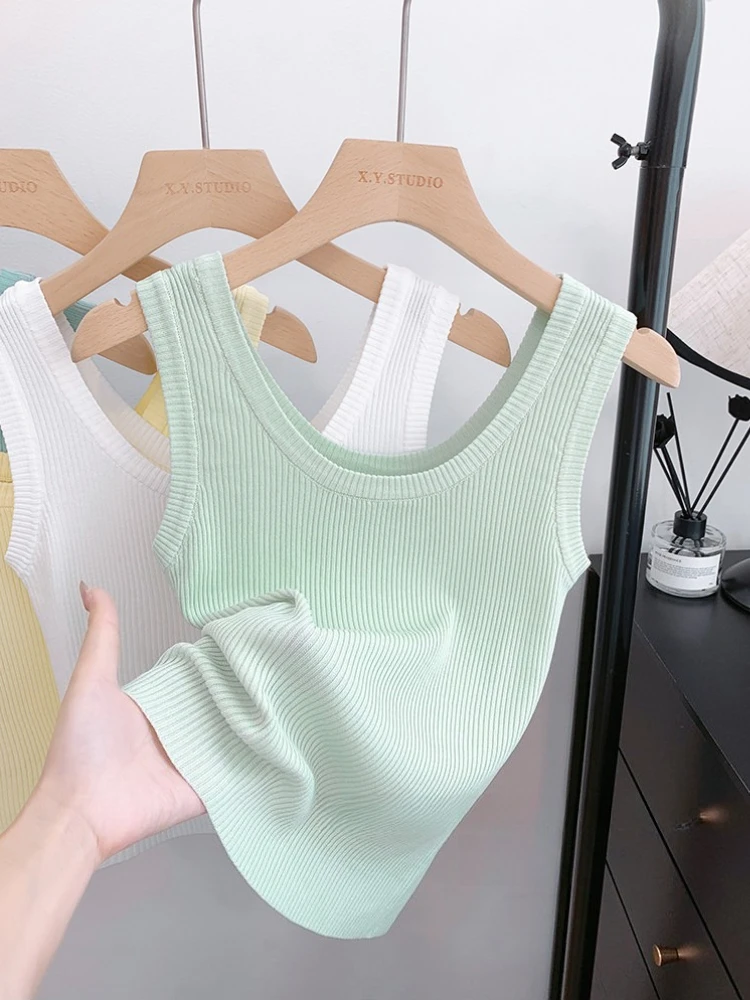 2026 Summer Slim Inner Layering Streetwear Vest Dopamine Ice Silk Knit Camisole Women Tank Top Beauty Sleeveless Crop Top