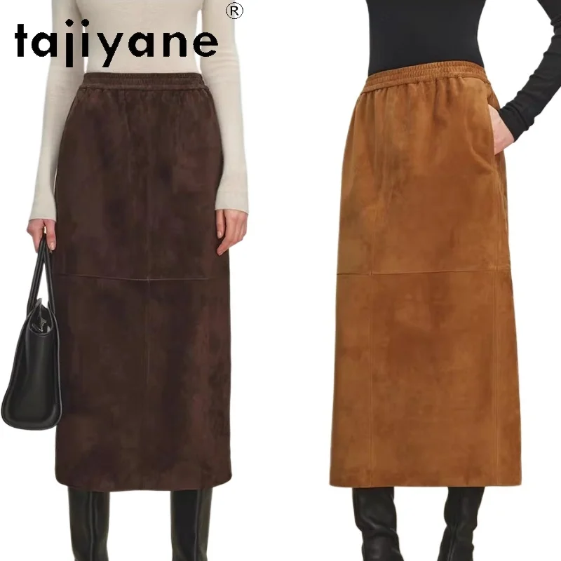 TAJIYANE 100% Goatskin Skirt for Woman Luxury Old Money Style Suede Genuine Leather Long Skirts 2026 Spring Women Clothing юбки