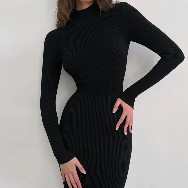 Women's AutumnWinter Fashion Elegant Solid Color Pullover High Neck Casual Versatile Long Sleeve Slim Fit Sweater Knitted Dress