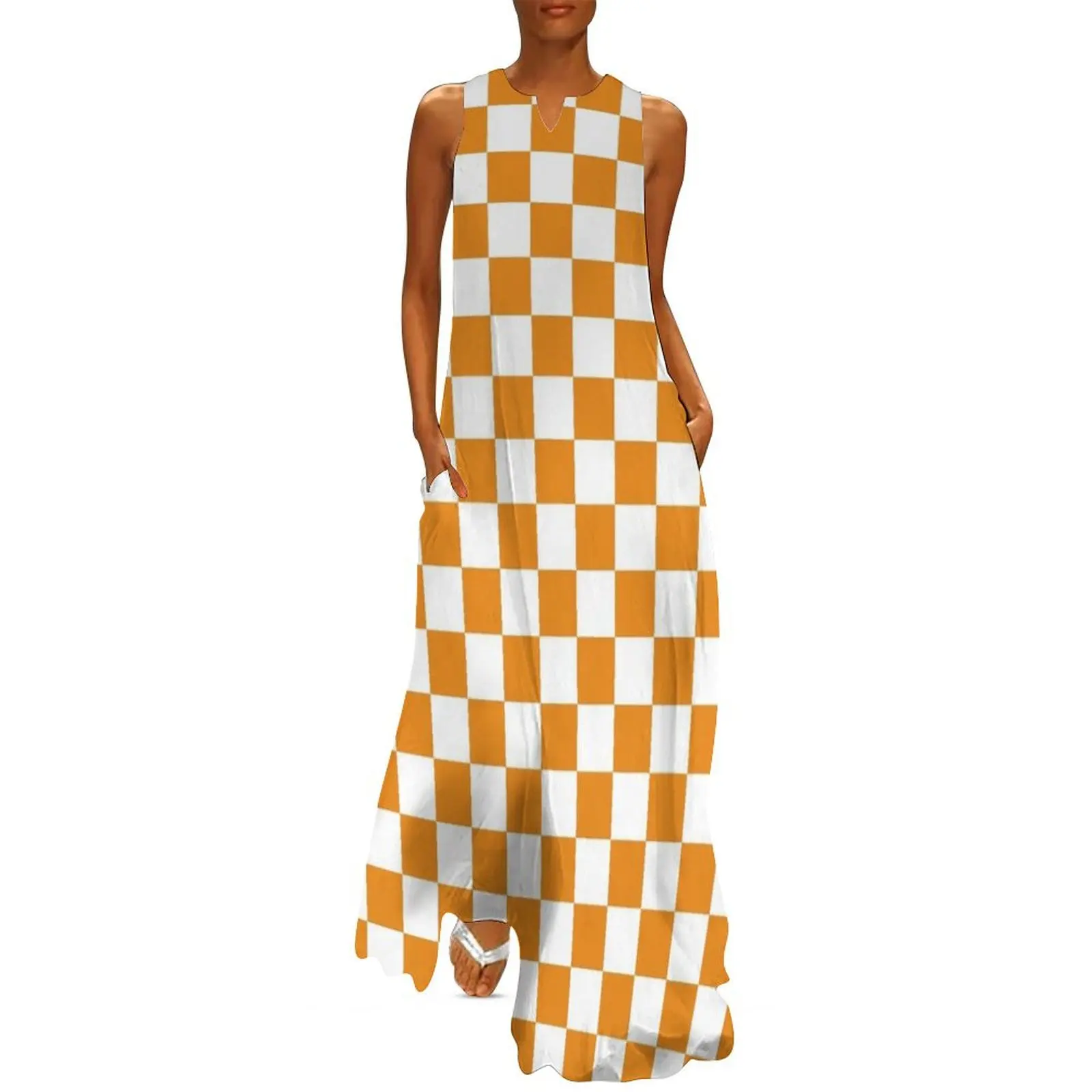 Orange White Checkerboard Long Dress summer dress daily evening dress women women's summer 2025