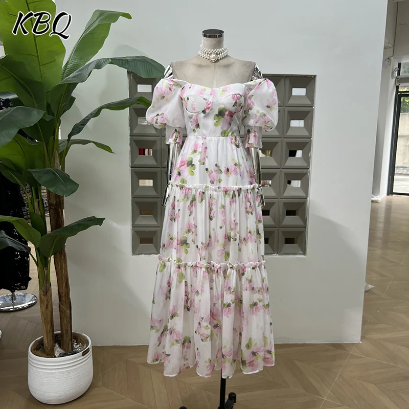 

KBQ Hit Color Printing Tunic Temperament Dresses for Women Square Collar Shorts Sleeve High Waist Elegant Dress Female Fahsion