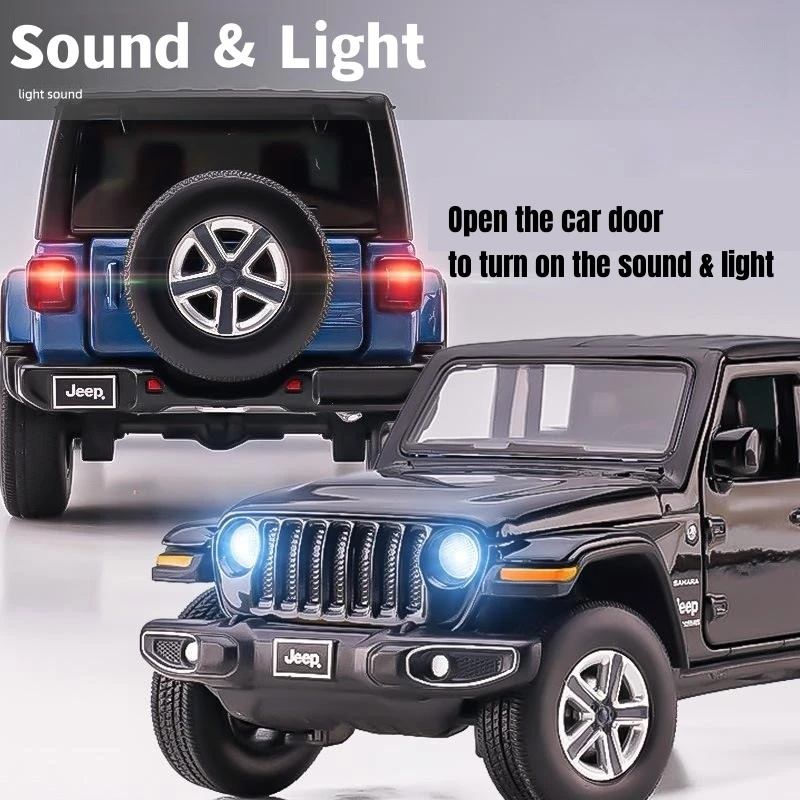 1:32 Jeep Wrangler Sahara Diecast Toy Car Model SUV Miniature Free Wheels Doors Openable Sound Light Collection Gift for Boy Kid