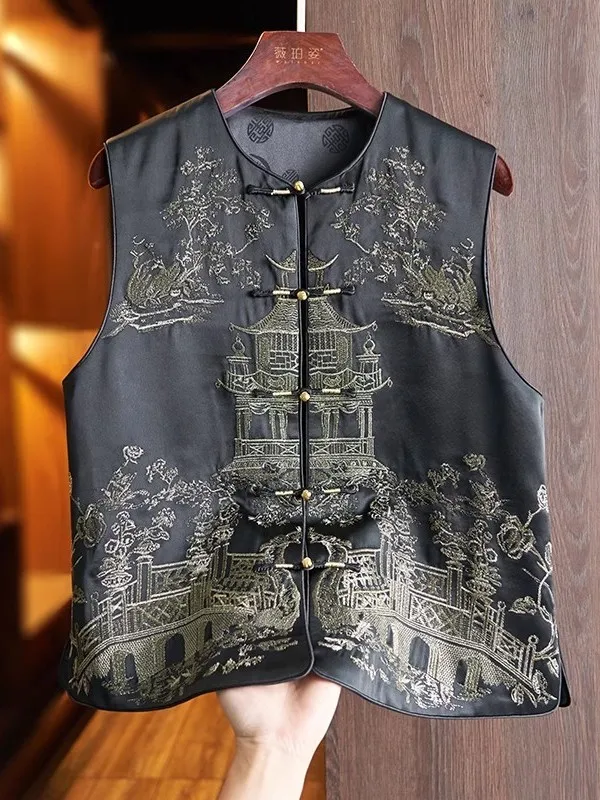 

Bla Silk Mom Jaet Svel Embroidered Vest Women's Chinese Sle Summer Top Versatile round Ne Single Button Closure