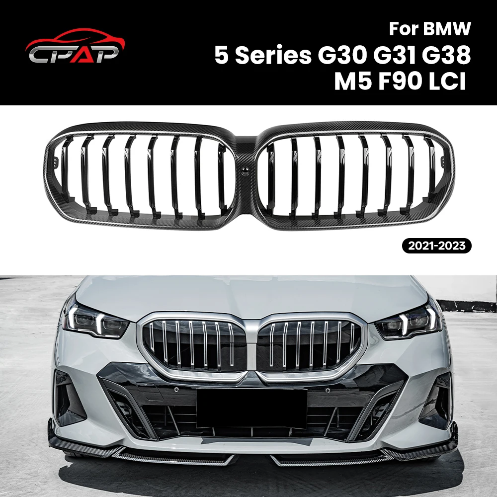 

For BMW 5 Series G30 G31 G38 M5 F90 LCI 2021-2023 Real Dry Carbon Fiber Car Grill Front Bumper Kidney Hood Grilles Single Slat