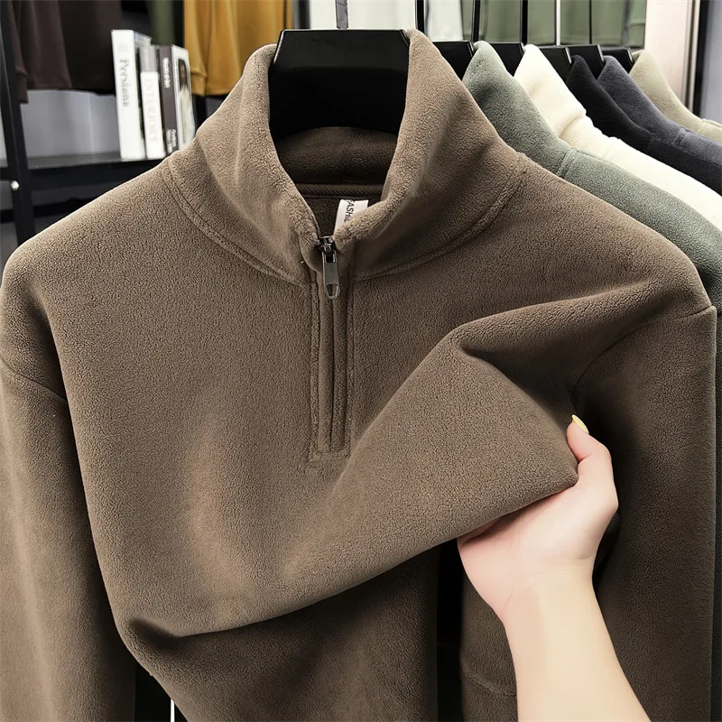 بلوفر رجالي أنيق بنصف سحاب وياقة واقفة من المخمل عالي الجودة مريح للخريف والشتاء الدافئ بلون سادة سترة جديدة غير رسمية #4