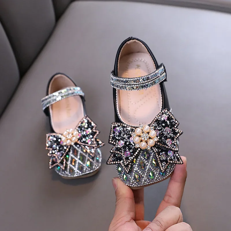Spring Autumn Girl Princess Shoes Rhinestone Bowtie Kids Leather Shoe Fashion Causal Sequins Children Causal Wedding Flat Shoes