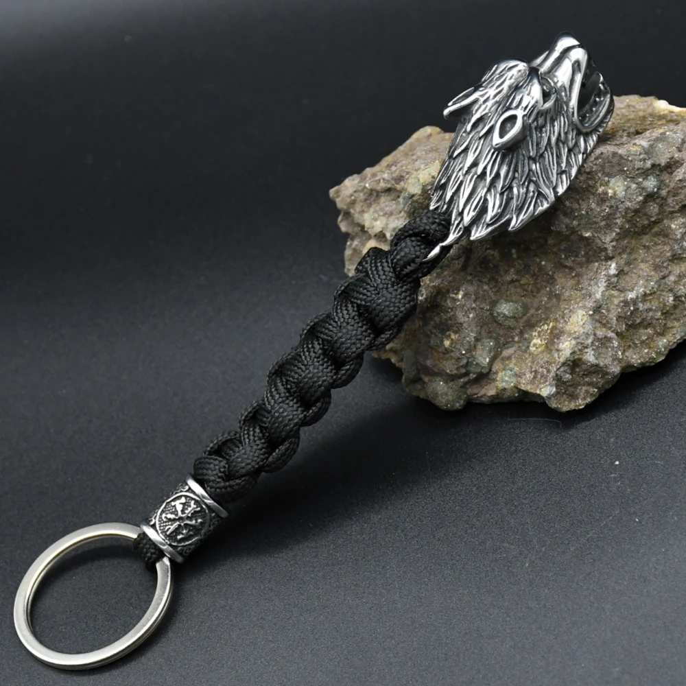 Viking Wolf Head Survival Rope Keychain Men\'s Stainless Steel Pendant Paracord Keyring Handmade Norse Pirates Rune Amulet Jewelr