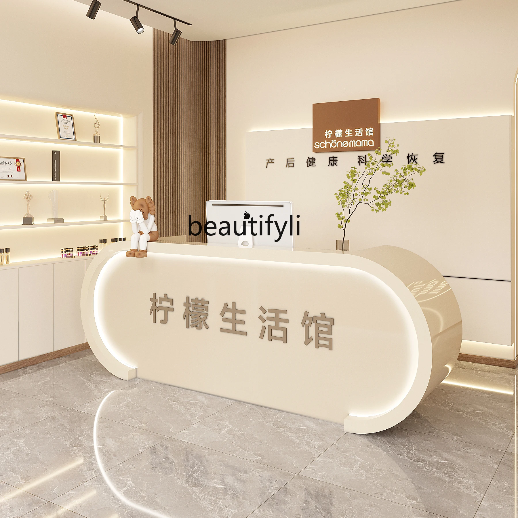 Clothing shop bridal shop checkout page counter paint front desk reception desk simple beauty salon yoga studio curved bar