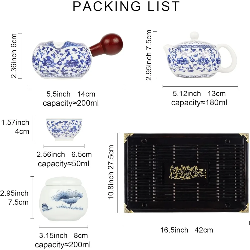 Чайный сервиз кунг-фу из сине-белого фарфора с узором лотоса с чайником, чашками, ярмарной чашкой и подносом для домашнего и офисного использования