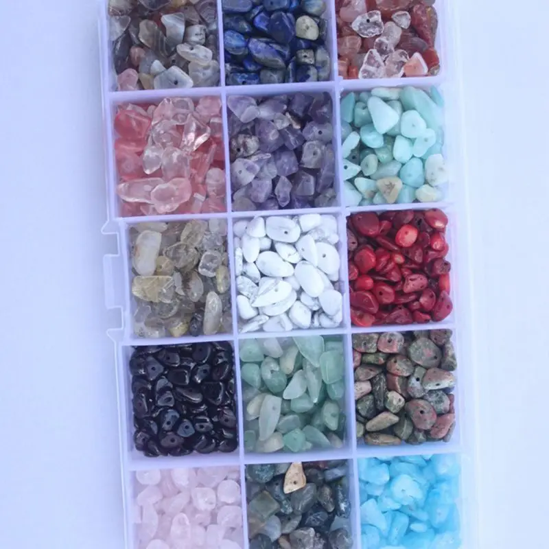 Assortiment perles pierres précieuses 15 couleurs, Kits puces naturelles forme irrégulière pour bricolage,