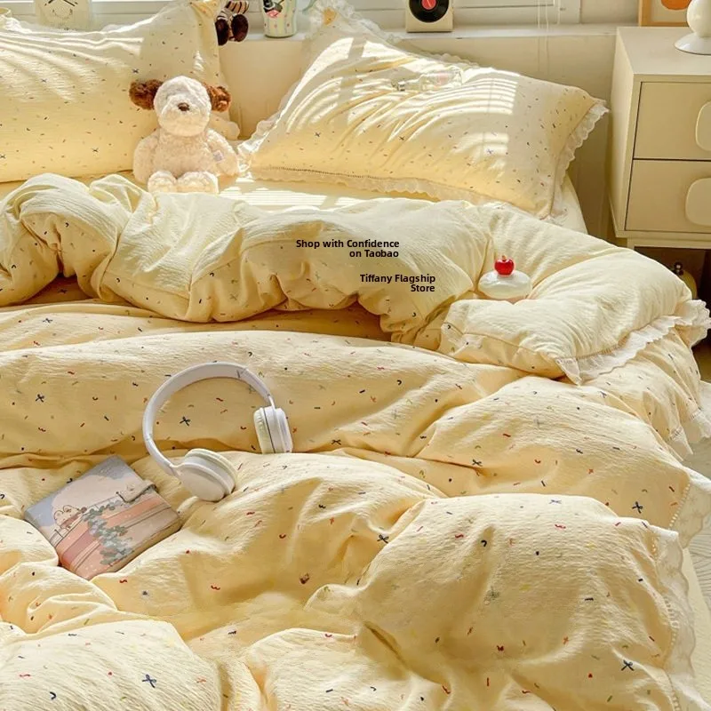 

High End Bedding Set Luxury Class Main Bedroom New Model a Class Maternity Cotton Crepe Bed Canopy Three Piece Bedding Set