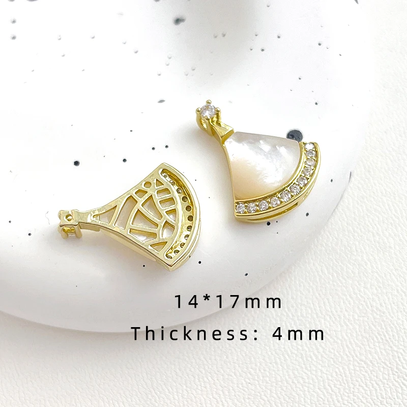 2 Pieces  Fan Shaped Zircon Inlaid White Shell Pendant  DIY Makes Jewelry  Necklace, Bracelet, Brass Plated Accessory Material