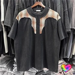 2024 Vintage Black Patchwork T-shirt Men Women Oversize Wash Tee Summer Spring Stitching Tops High Quality Short Sleeve