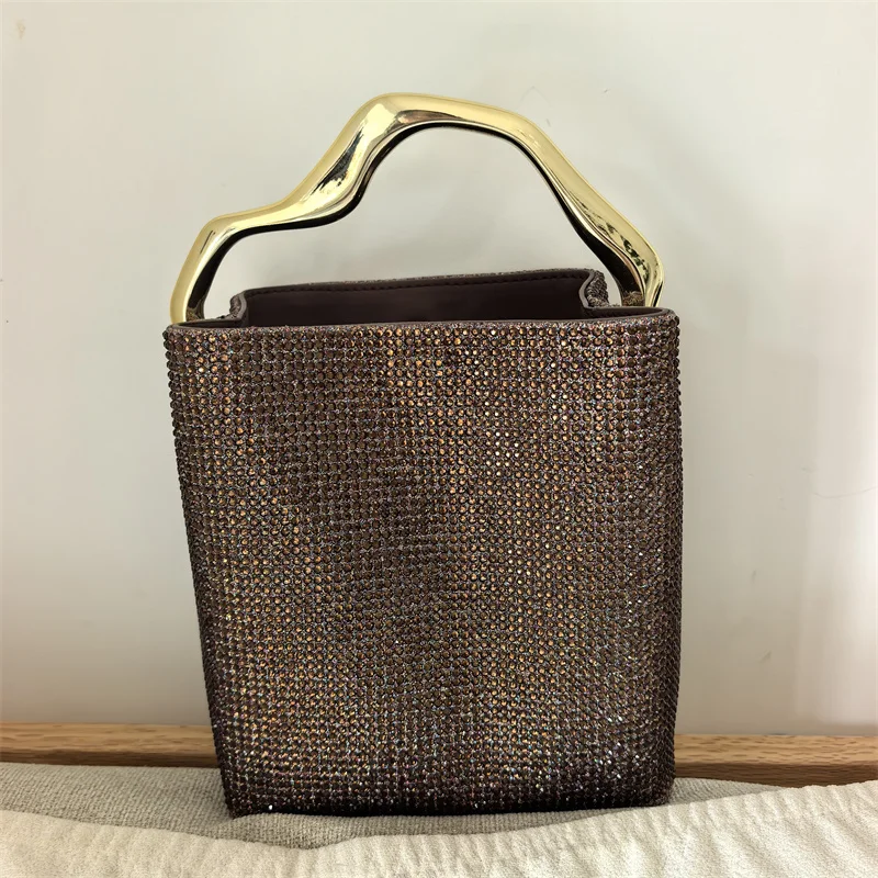 Fashionable Shiny Diamond-encrusted Bucket-shaped Evening Bag Luxury Design Women's Golden Handle Wedding Party Clutch Purse2026