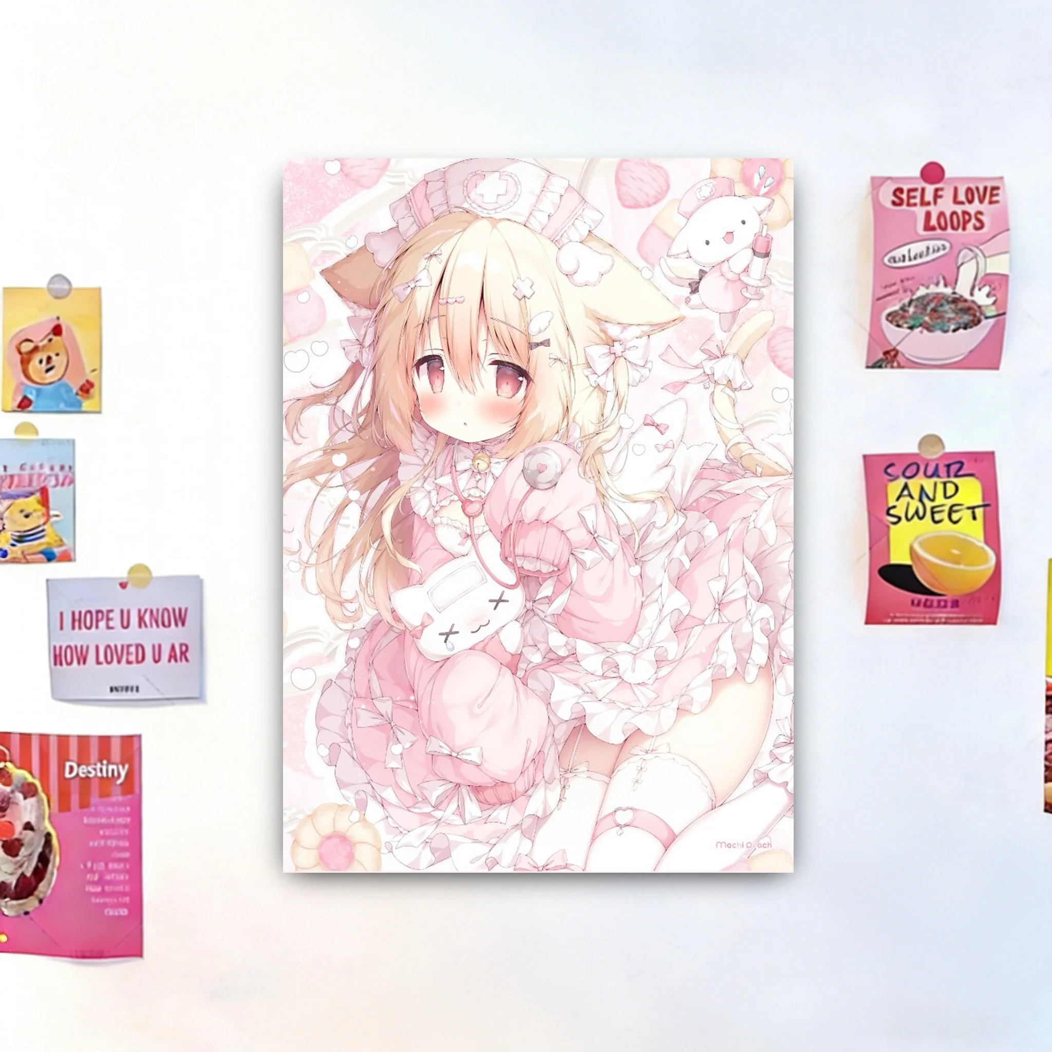 Rosa Krankenschwester Neko Anime Wandteppich, niedliche Kawaii-Ästhetik, Raumdekoration für Teenager-Mädchen, Schlafzimmer, Wohnheim, Cutecore-Raumdekoration, großer Wandteppich