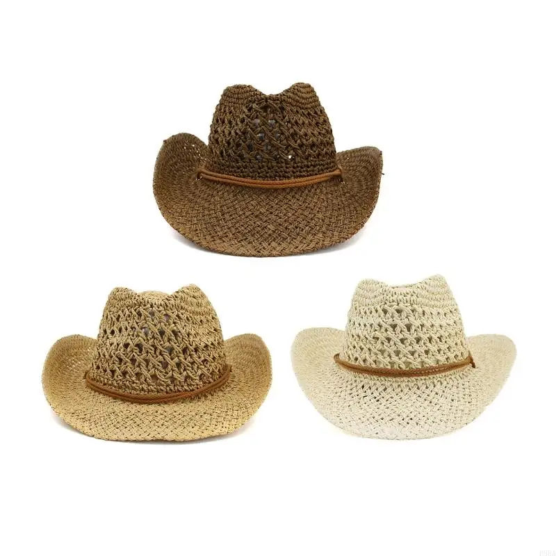 

P88A for Creative Straw Weaving Cowgirl Hat Wide Brim Anti-uv Hat Breathable for Wedd