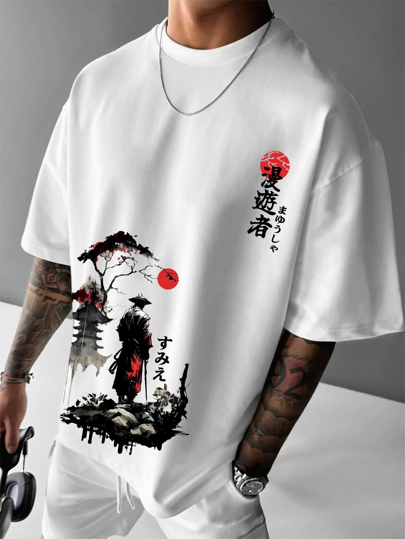 Japanese Samurai Ronin Print Oversized T Shirt Men's Anime Streetwear Vintage Tee  S-XXL